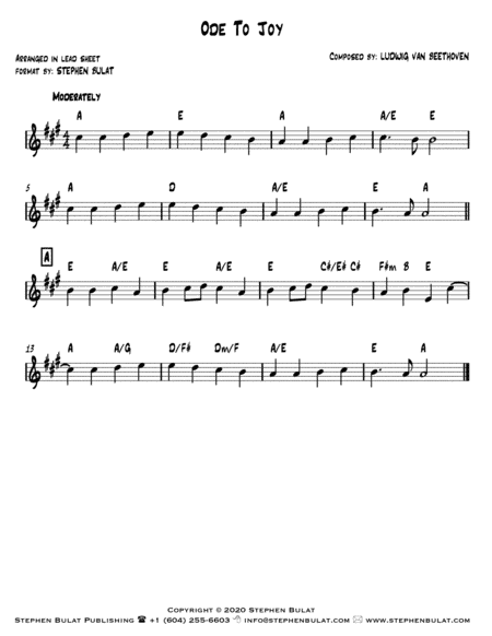 Ode To Joy (Beethoven) - Lead sheet (key of A) (arr. Stephen Bulat)