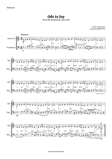 Ode to Joy for Horn in F and Trombone by Beethoven Opus 125 (arr. れある やすけ)