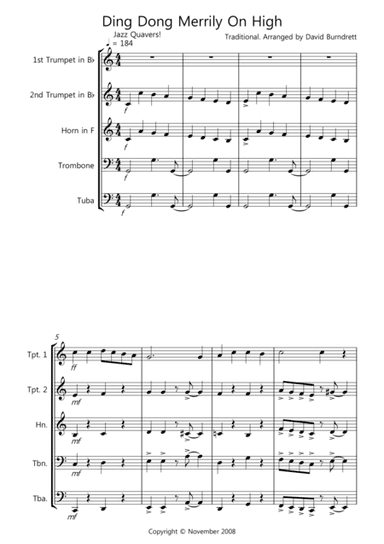 Ding Dong Merrily On High (Jazzy Style!) for Brass Quintet (arr. David Burndrett)