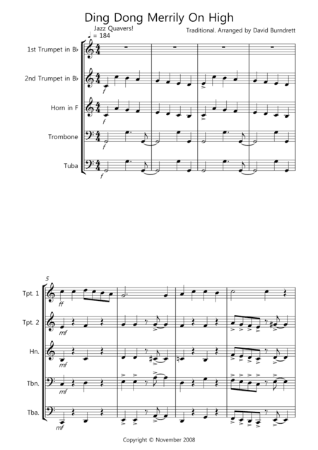 Ding Dong Merrily On High (Jazzy Style!) for Brass Quintet (arr. David Burndrett)