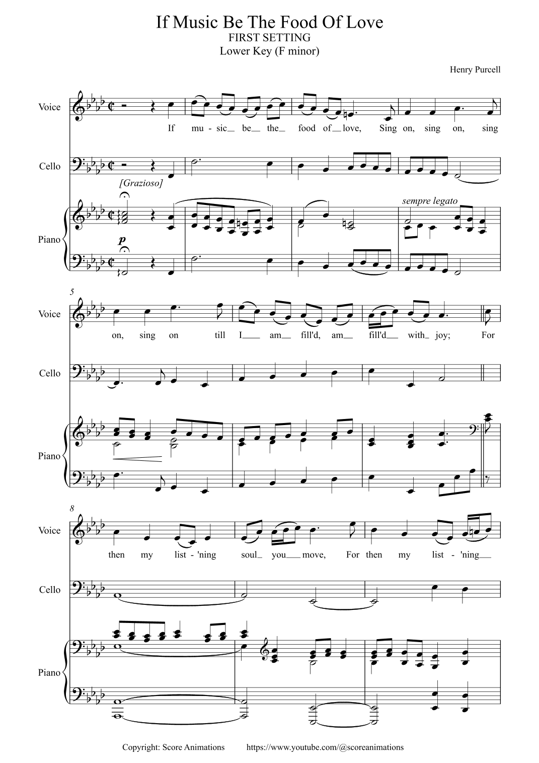 PURCELL: “If Music Be The Food Of Love“ 1st setting Lower key F minor (arr. Score Animations)