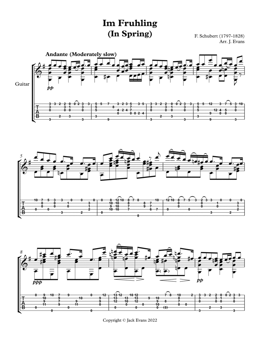 Schubert Im Fruhling (In Spring) solo guitar (arr. Jack Evans)