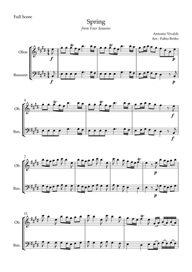Spring (from Four Seasons of Antonio Vivaldi) for Oboe & Bassoon Duo (arr. Fabio Britto)