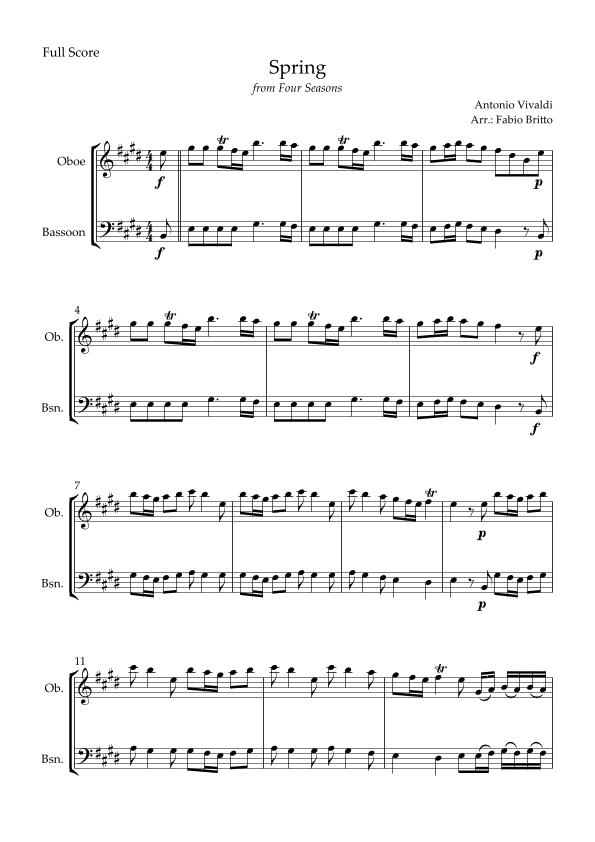 Spring (from Four Seasons of Antonio Vivaldi) for Oboe & Bassoon Duo (arr. Fabio Britto)