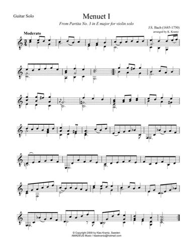 Menuet 1 & 2 from violin part. 3 for guitar solo (C Maj) (arr. Amadeus Music)