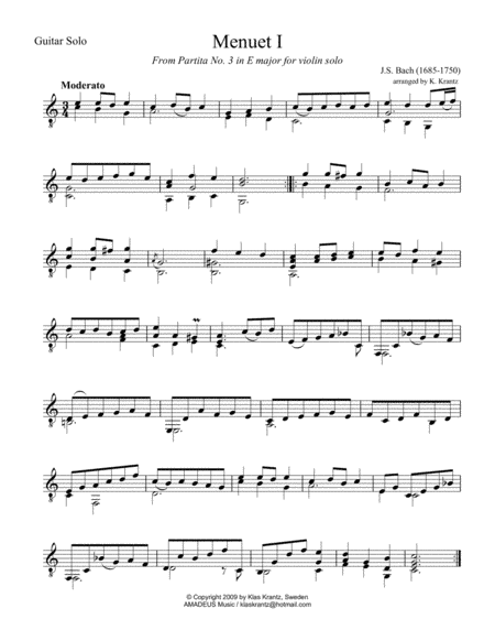 Menuet 1 & 2 from violin part. 3 for guitar solo (C Maj) (arr. Amadeus Music)
