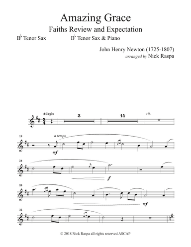 Amazing Grace (B Flat Tenor Sax & Piano) Tenor Sax part (arr. Nick Raspa)