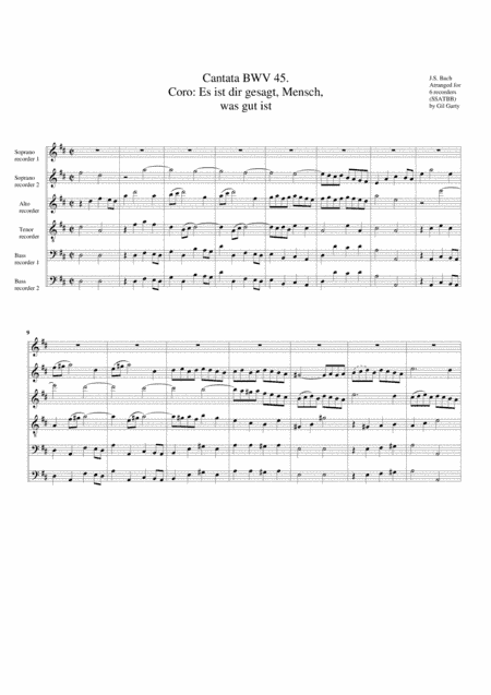 Coro: Es ist dir gesagt, Mensch, was gut ist from Cantata BWV 45 (arrangement for 6 recorders) (arr. Gil Garty)