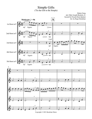 Simple Gifts ('Tis the Gift to Be Simple) (F) (French Horn Quintet) (arr. Regis Bookshar)