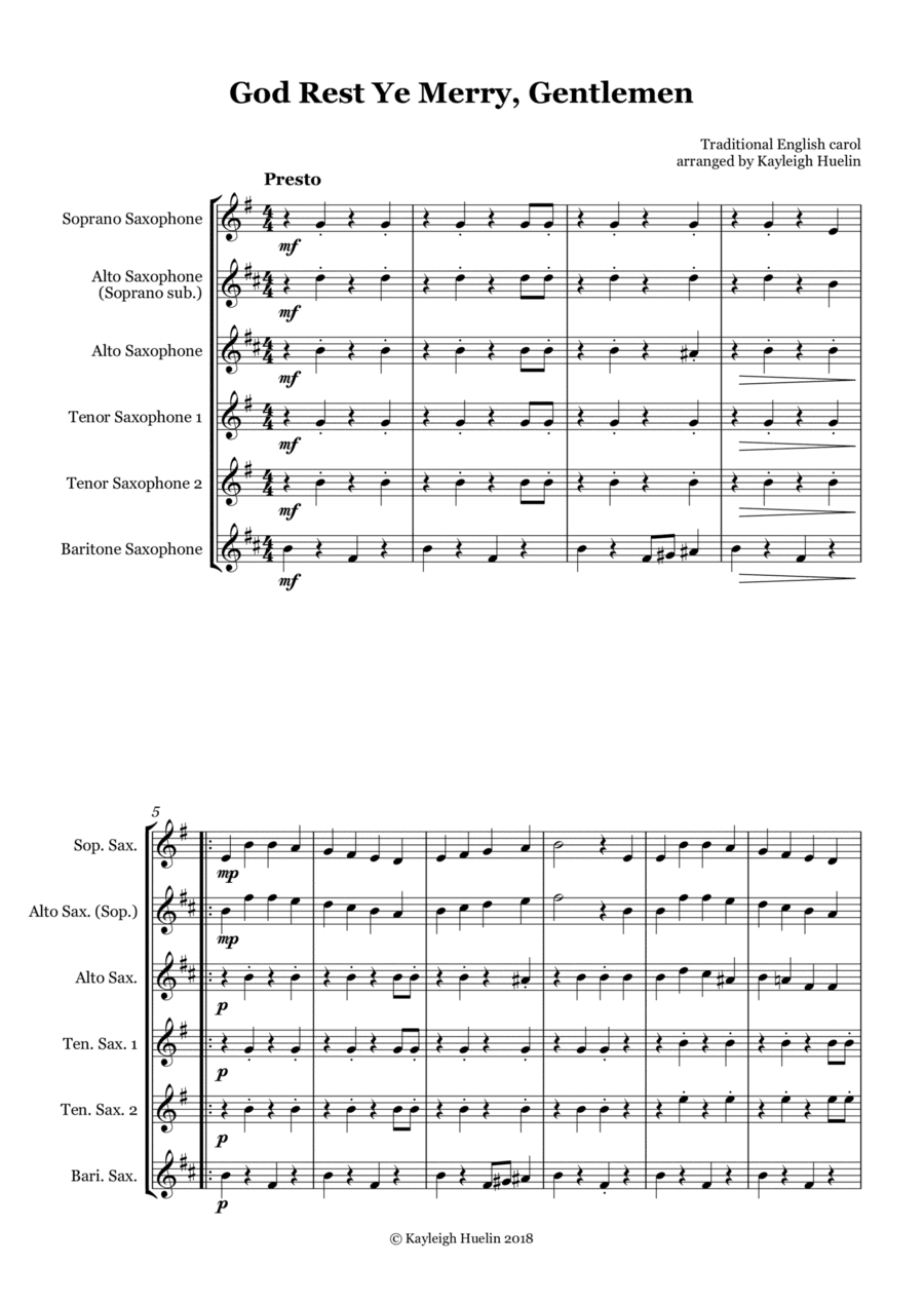 God Rest Ye Merry Gentlemen - Saxophone quintet (SATTB/AATTB) (arr. Kayleigh Huelin)