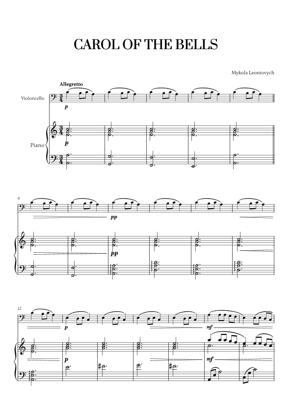 Carol of the Bells (Very Easy/Beginner) - A minor (for Cello and Piano) (arr. Cadenza Editions)