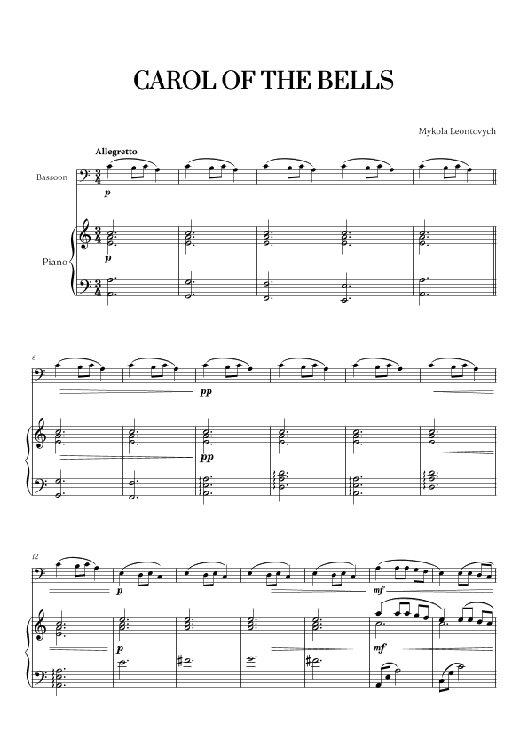 Carol of the Bells (Very Easy/Beginner) - A minor (for Bassoon and Piano) (arr. Cadenza Editions)