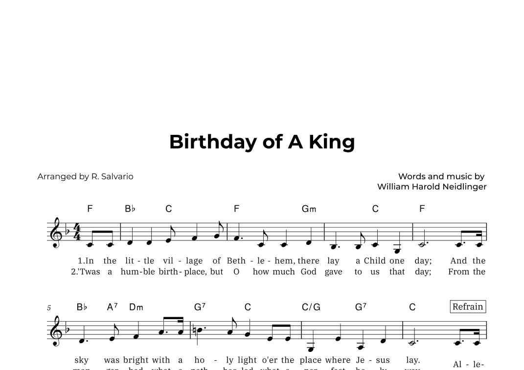 Birthday of A King (Key of F Major) (arr. R. Salvario)