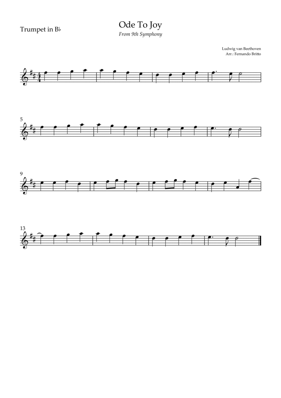 Ode To Joy (from Beethoven's 9th Symphony) for Trumpet in Bb Solo (arr. Fernando Britto)