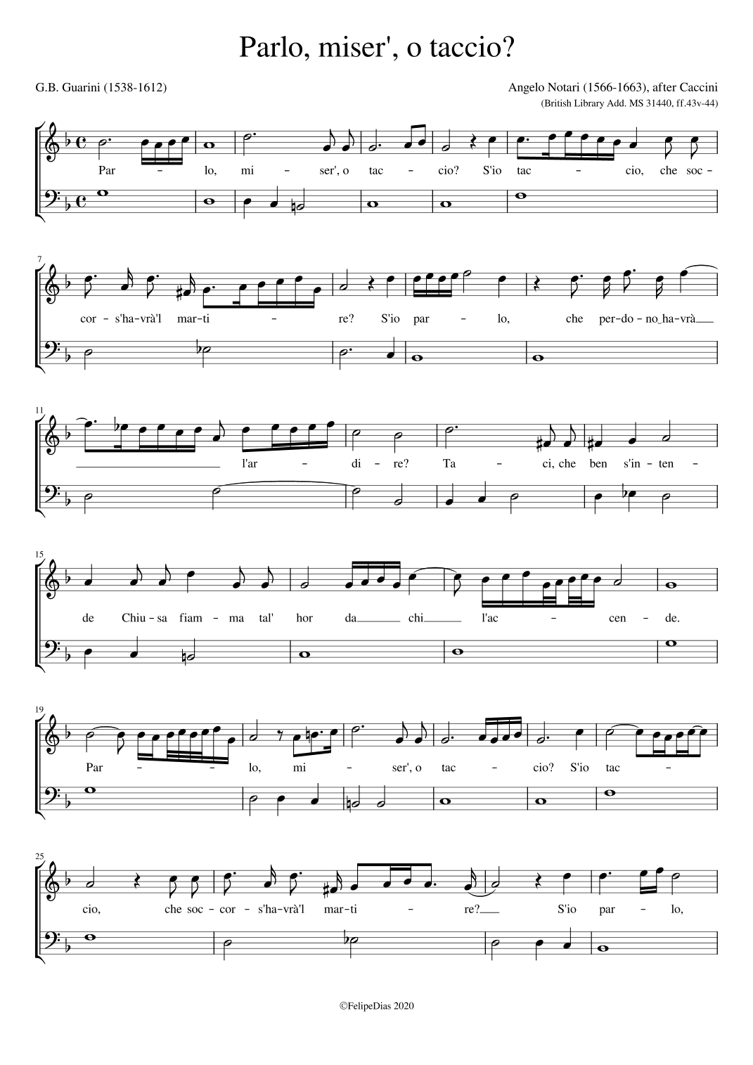 Parlo misero o taccio (G minor) (arr. Early Music Scores)
