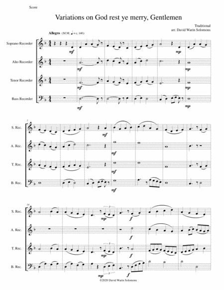 Variations on God rest ye merry, Gentlemen, for recorder quartet (arr. David Warin Solomons)