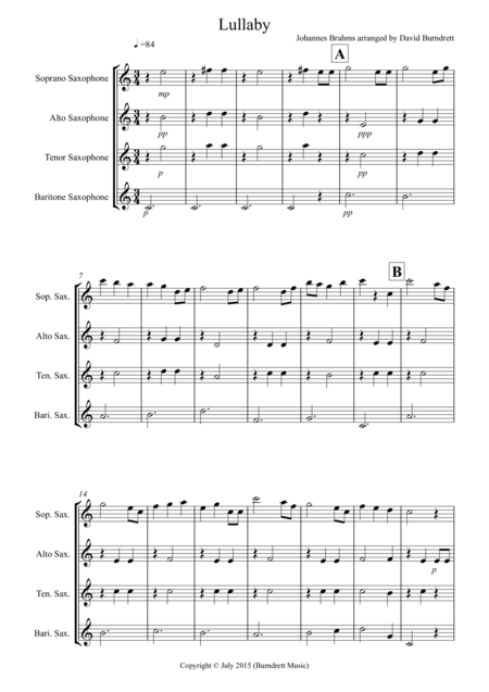 Brahms Lullaby for Saxophone Quartet (arr. David Burndrett)