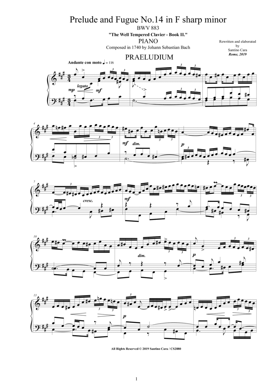 Bach - Prelude and Fugue No.14 in F sharp minor BWV 883 for Piano (arr. Santino Cara)