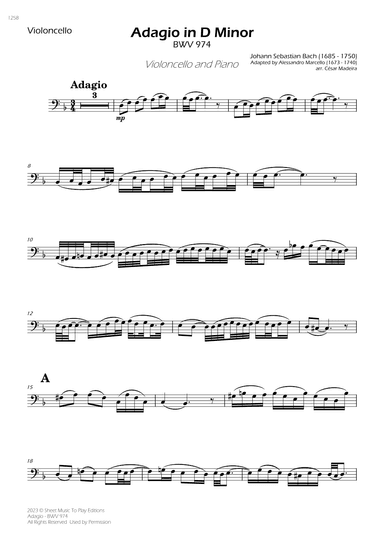 Adagio (BWV 974) - Cello and Piano (Individual Parts) (arr. César Madeira)