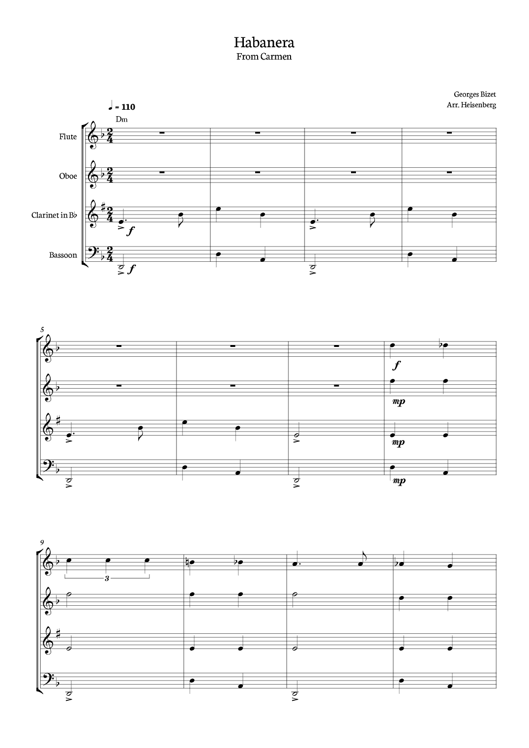 Habanera - Carmen - Georges Bizet, for Woodwind Quartet with chords in a easy version. (arr. Heisenberg)