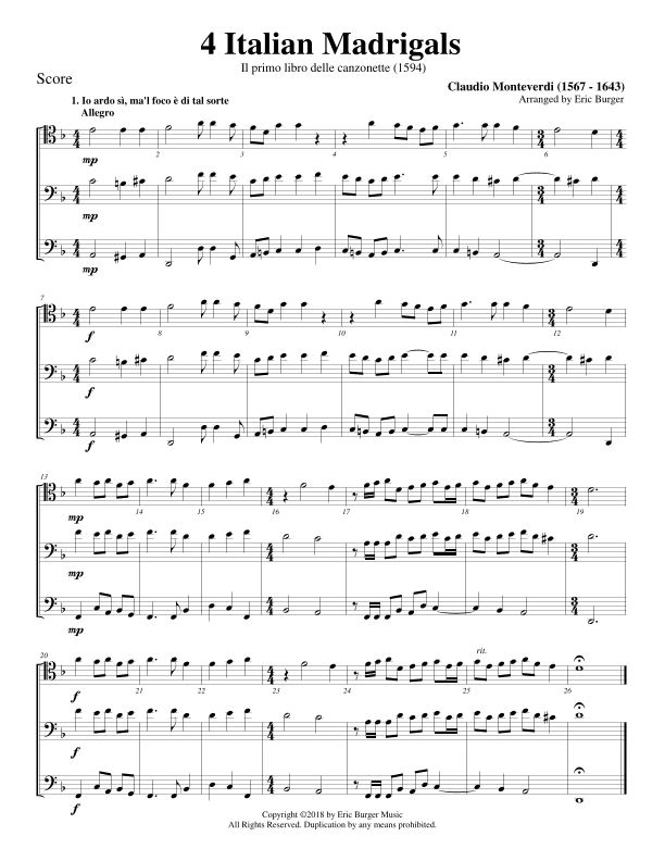 4 Italian Madrigals for Trombone or Low Brass Trio (arr. Eric Burger Music)