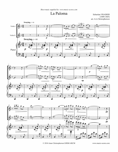 La Paloma - 2 Violins and Piano (arr. Anne L Christopherson GRSM ARCM)