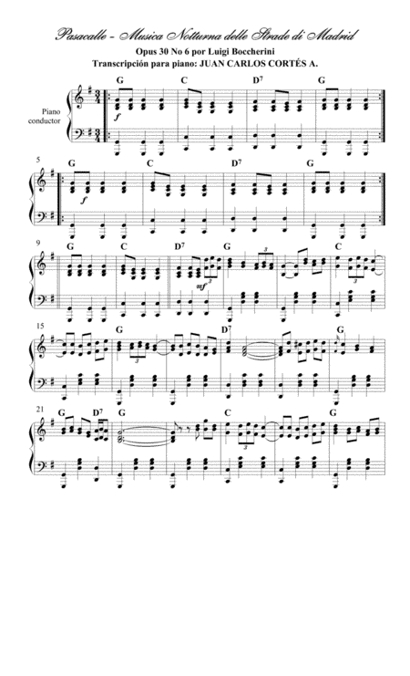 Pasacalle por Luigi Boccherini - Música Nocturna de las las calles de Madrid para Piano Solo (arr. Juan Carlos Cortés Aguirre)