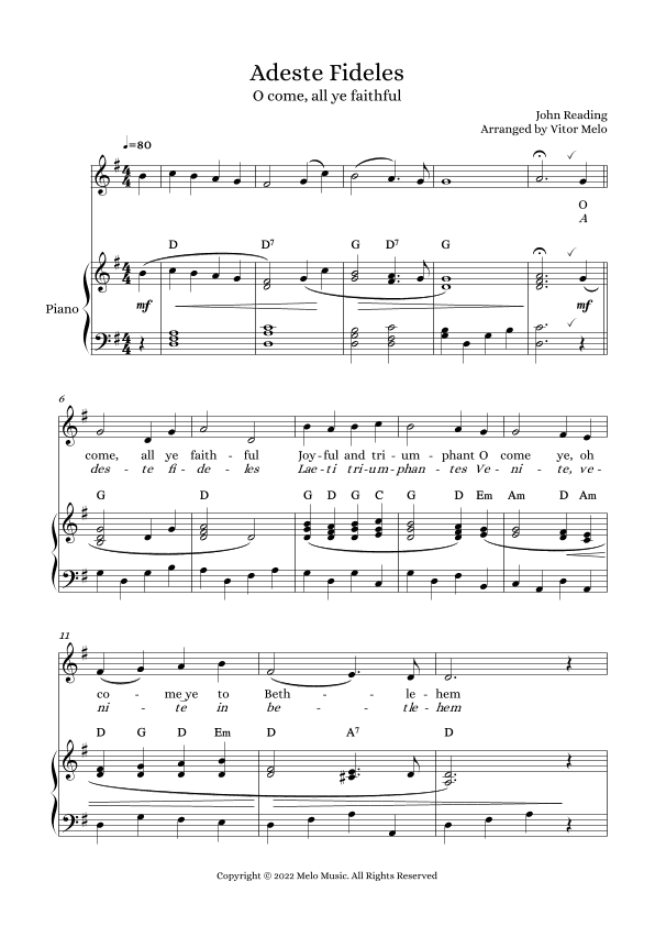 Adeste Fideles (O Come, All Ye Faithful) - treble clef instrument and piano (arr. Vitor Melo)