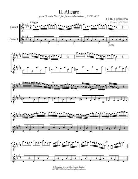 Allegro BWV 1033 for guitar duo (arr. K. Krantz)