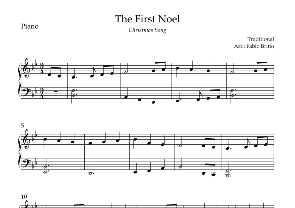 The First Noel (Christmas Song) for Easy Piano Solo in Bb Major (arr. Fabio Britto)