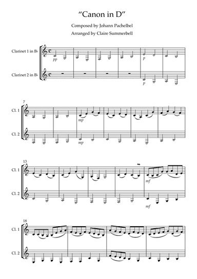 Canon in D - Easy Clarinet Duet (arr. Claire Summerbell)