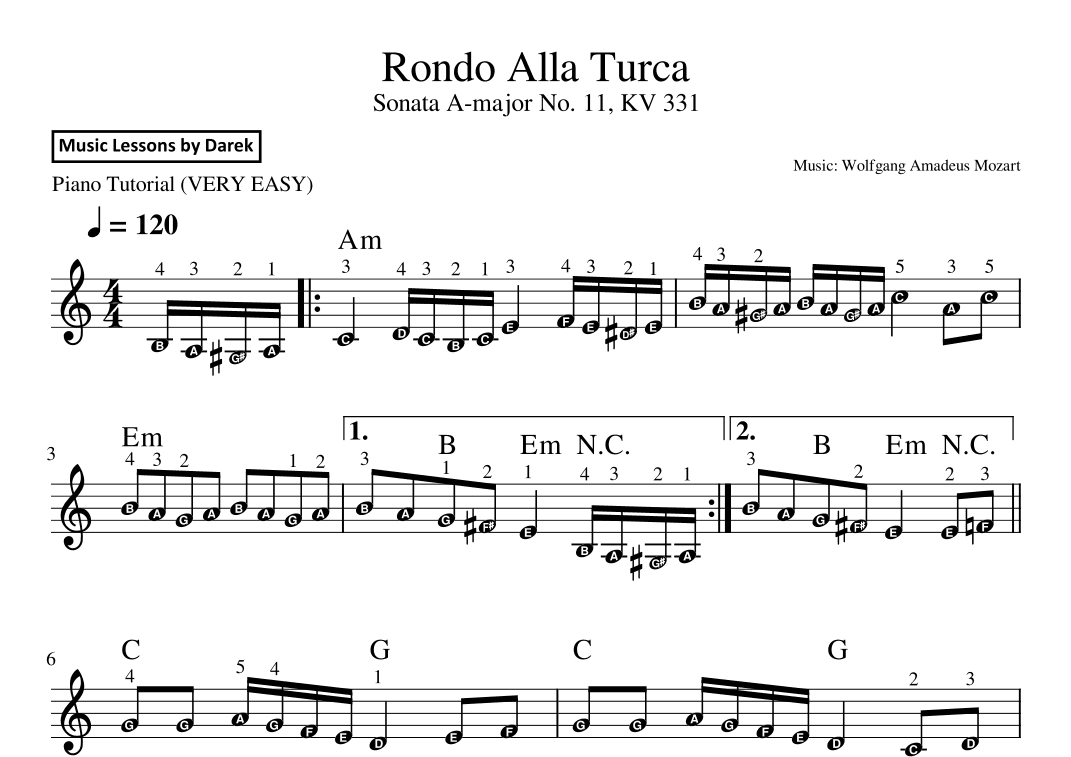 Rondo Alla Turca (VERY EASY PIANO) Sonata A-major No. 11, KV 331 [Wolfgang Amadeus Mozart] (arr. Darek)