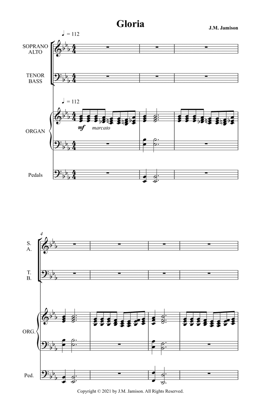 Gloria - Latin text octavo for SATB choir and organ. Brass parts available with full score.