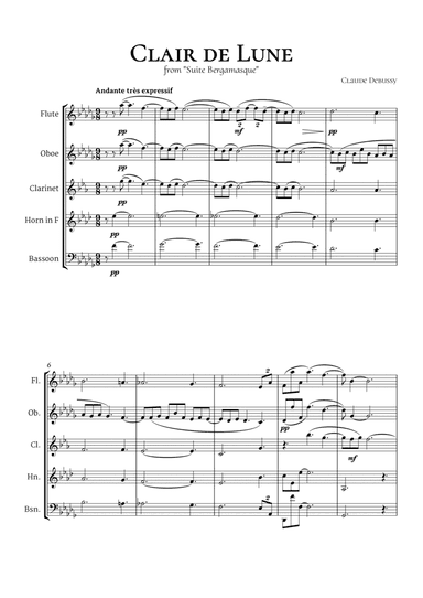 Clair de Lune from Suite Bergamasque by Claude Debussy for Woodwind Quintet (arr. Woods Only)