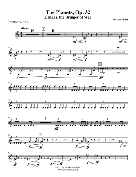 Holst The Planets, I. Mars, the Bringer of War - Trumpet in Bb 4 (Transposed Part), Op. 32 (arr. Doug Clyde)