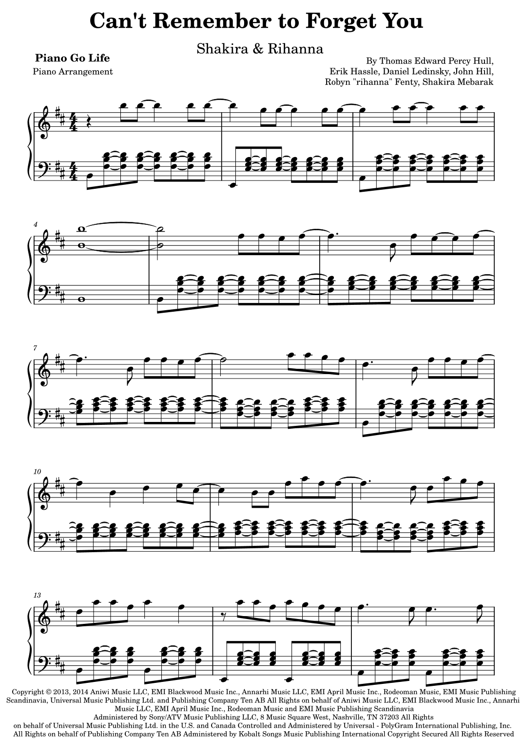Can't Remember To Forget You (arr. Piano Go Life)