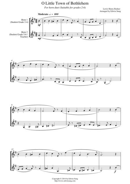O Little Town of Bethlehem (for horn duet, suitable for grades 2-6) (arr. Edwin Sung)