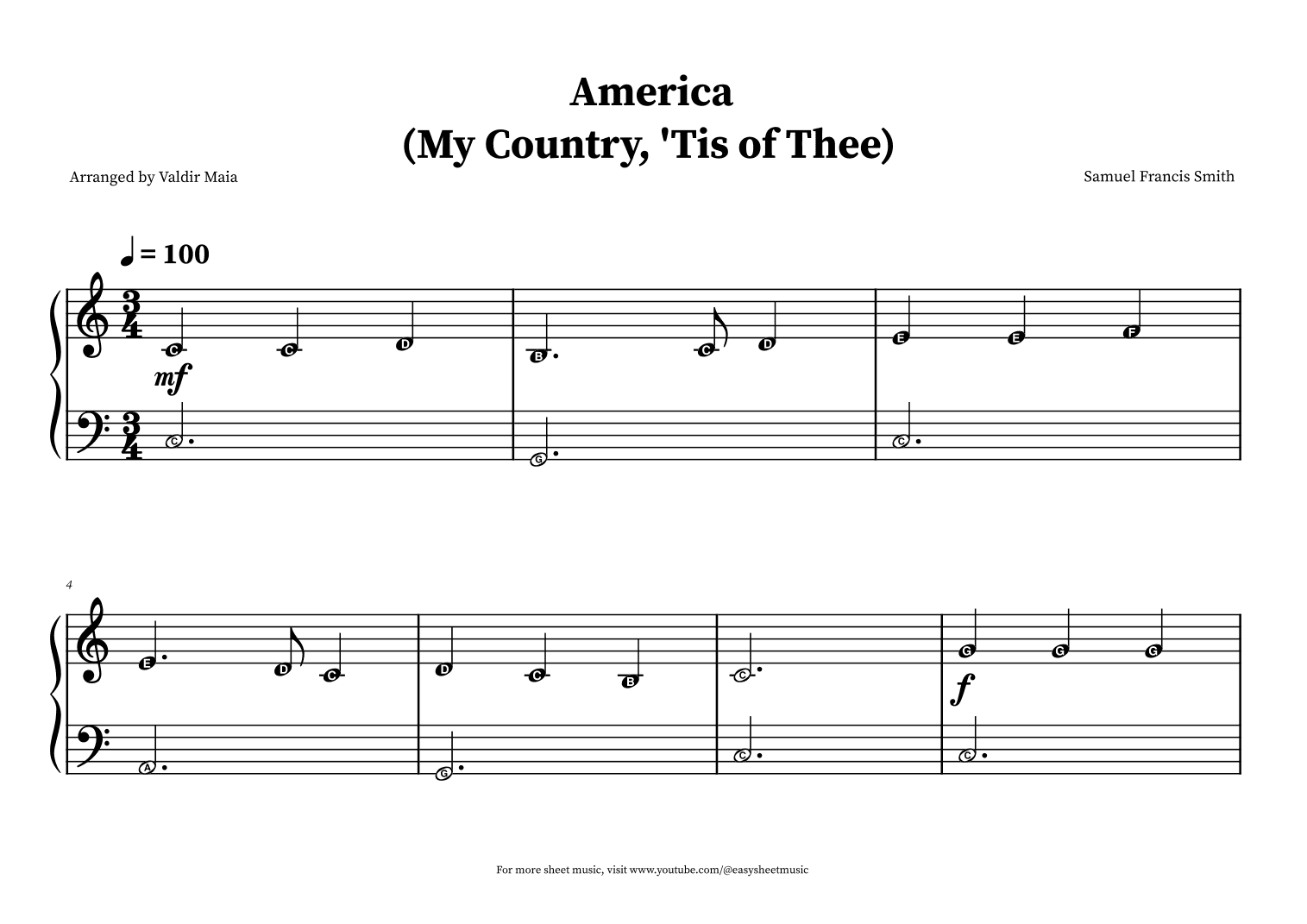 America (My Country, 'Tis of Thee) - Easy Beginner Piano (note names) (arr. Valdir Maia)