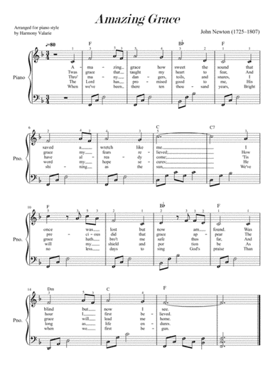 Amazing Grace (F major key) Piano Style with note names, chords and lyrics (arr. Published Harmony Valarie)
