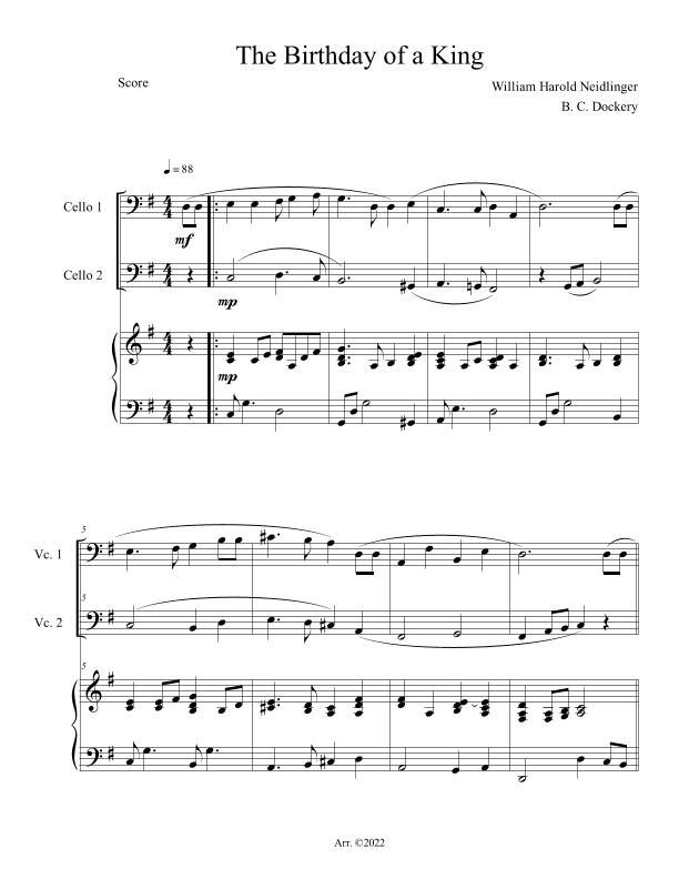 The Birthday of a King (Cello Duet with Piano Accompaniment) (arr. B. C. Dockery)