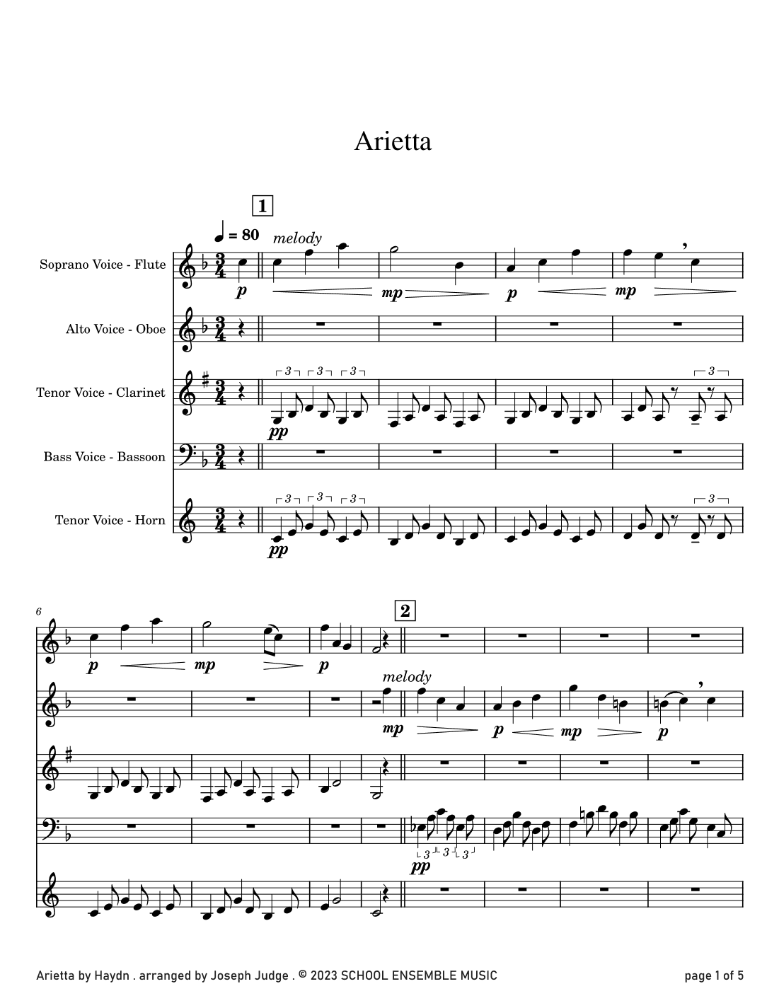 Arietta by Haydn for Woodwind Quartet in Schools (arr. Joseph Judge)