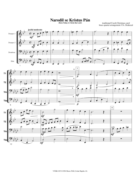 Narodil Se Kristus Pan ("Born Today is Christ The Lord") Czech Christmas Carol (for mixed brass quar