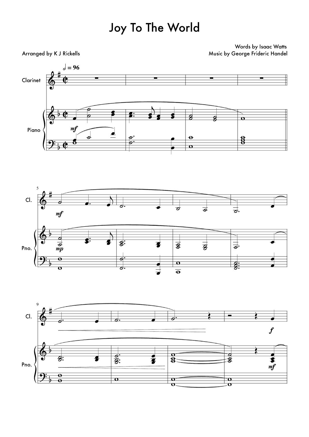 Joy To The World - Clarinet (easy key) (arr. K J Rickells)