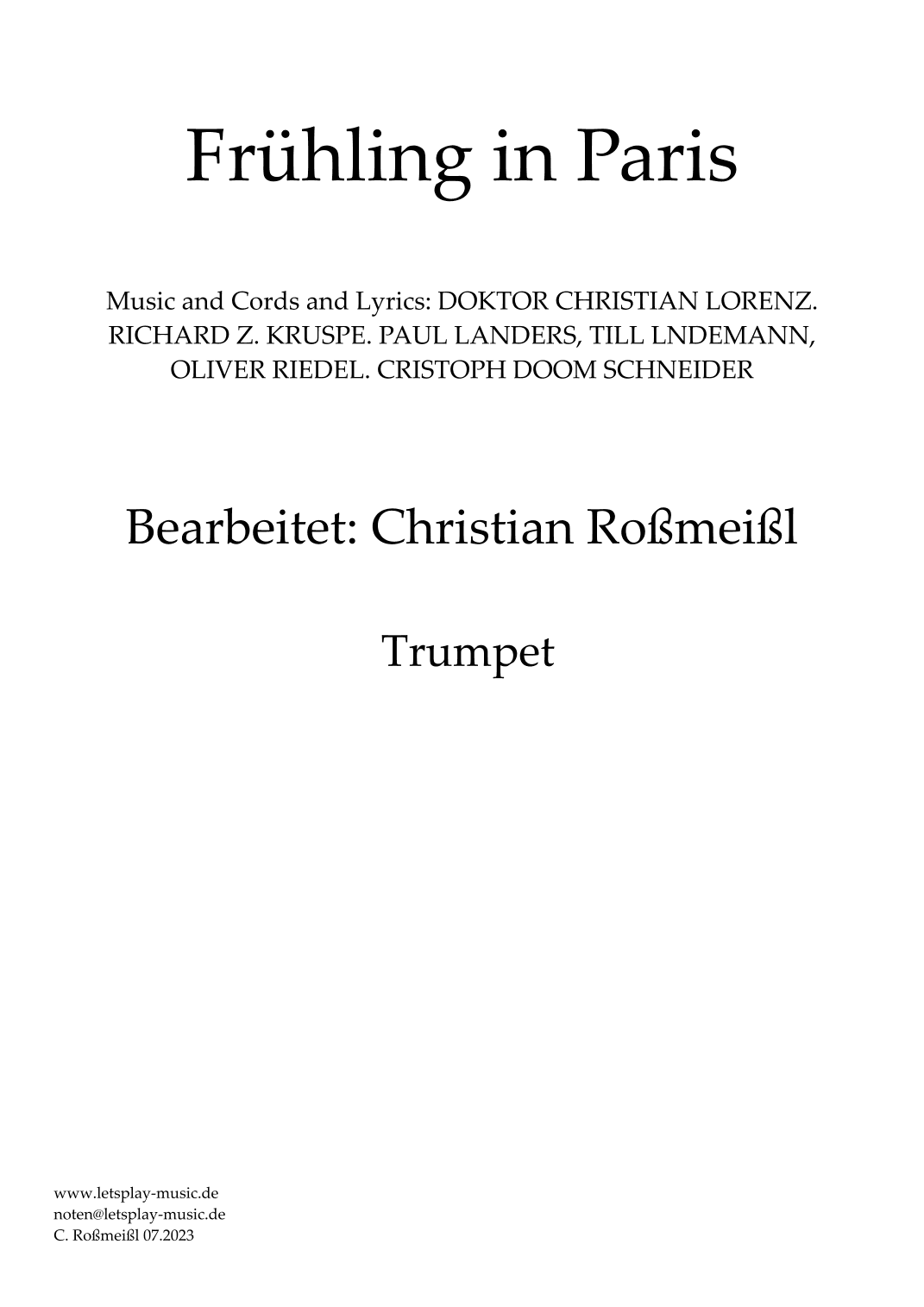 Fruehling In Paris (arr. Christian Roßmeißl)