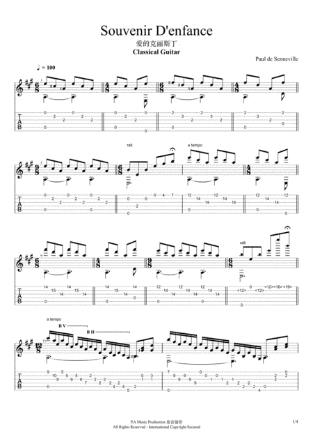 Souvenir D'enfance- Classical Guitar Tabs (arr. Prima Acoustic Music)