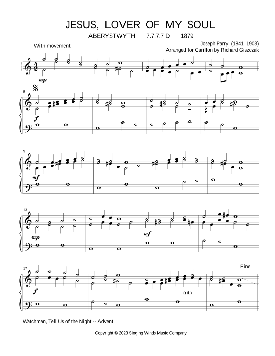 Jesus, Lover of My Soul  (ABERYSTWYTH) (arr. Richard Giszczak)