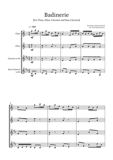 Badinerie by J. S. Bach (For Flute, Oboe, Clarinet and Bass Clarinet) (arr. Henrique Oliveira)