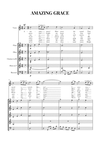 Amazing Grace for Voice and Woodwind Quintet (Flute, Oboe, Clarinet in Bb, Horn in F, Bassoon) (arr. Cadenza Editions)