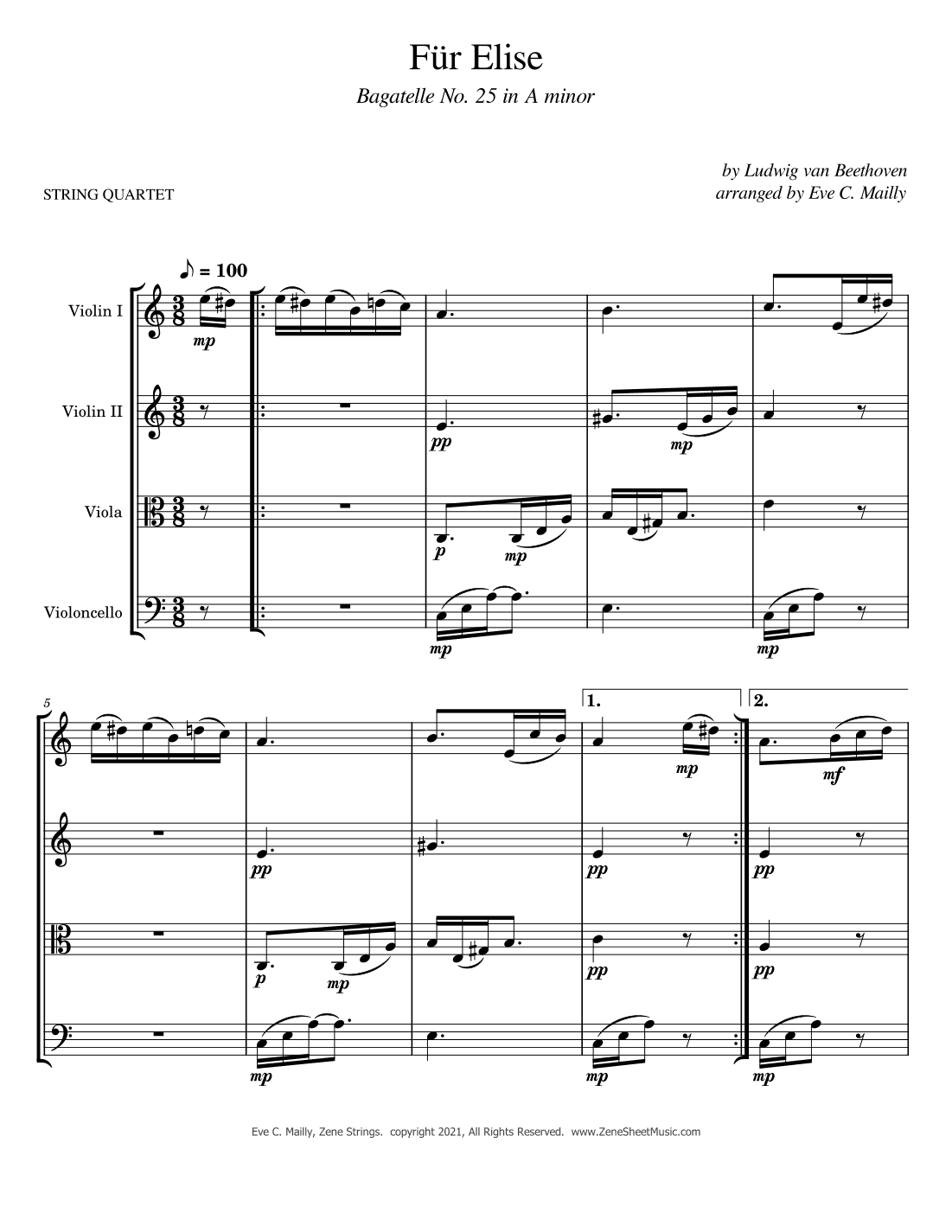 Für Elise (Bagatelle No. 25 in A minor) - String Quartet (arr. Eve C. Mailly - Zene Strings)