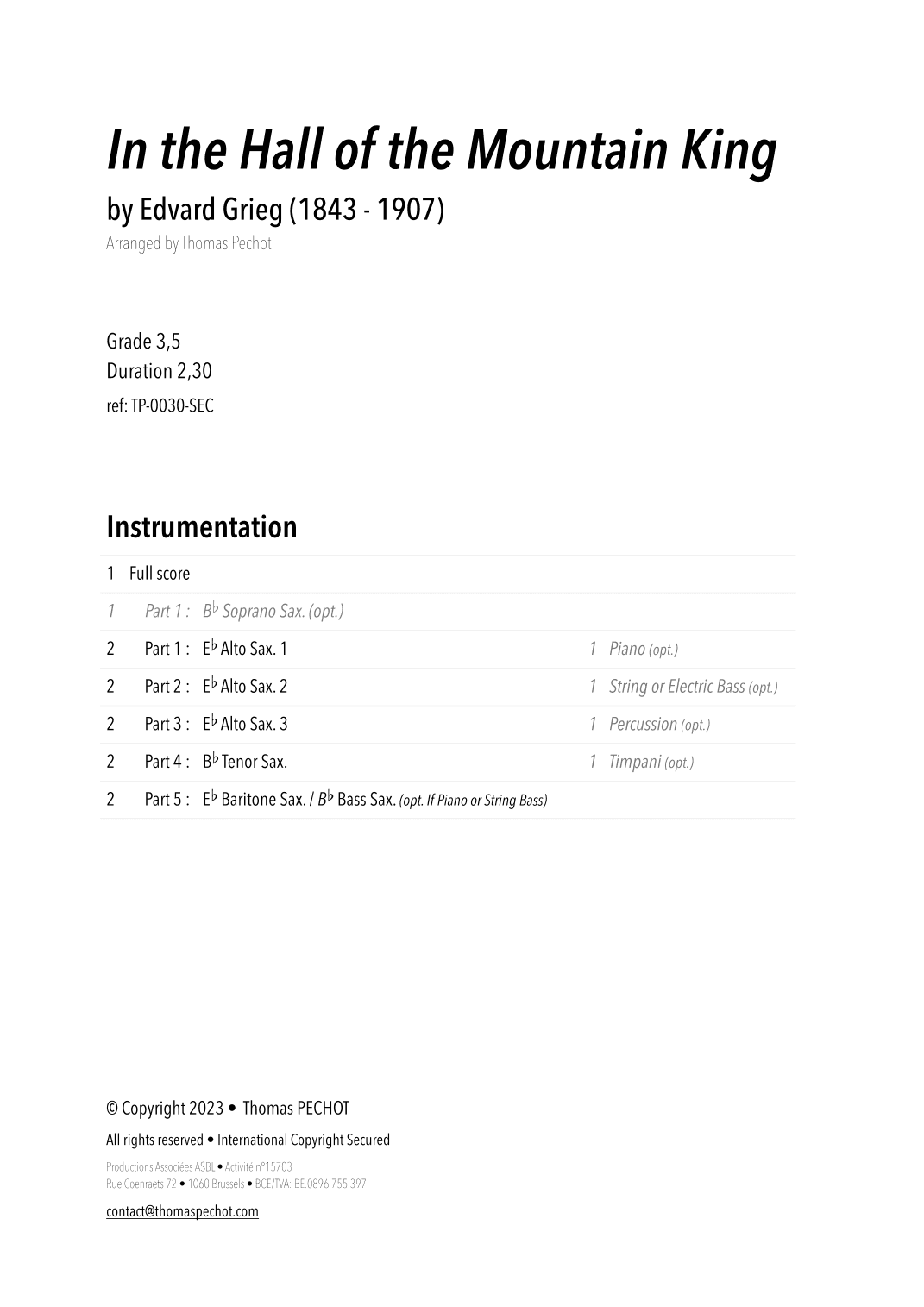 In the Hall of the Mountain King (from Peer Gynt Suite No. 1) (arr. Thomas PECHOT)